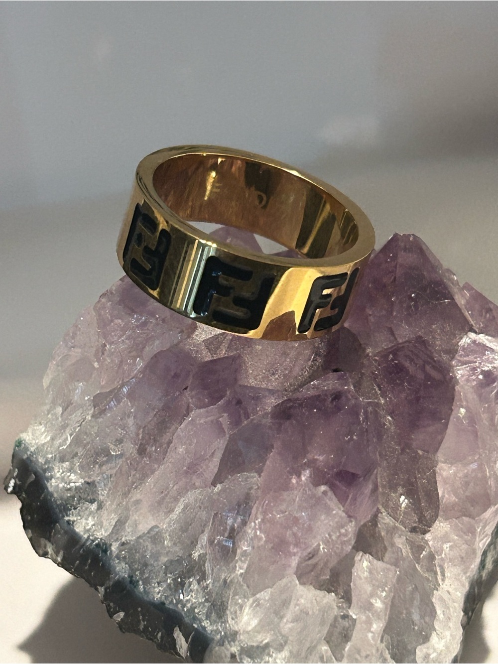 Fendi Gold and Black FF Logo Wide Band Ring